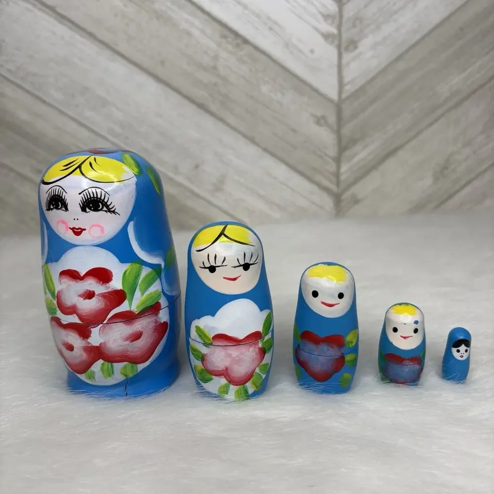 5 Pc Matryoshka Nesting Dolls Hand Painted Blue Floral Babushka Russian Wood